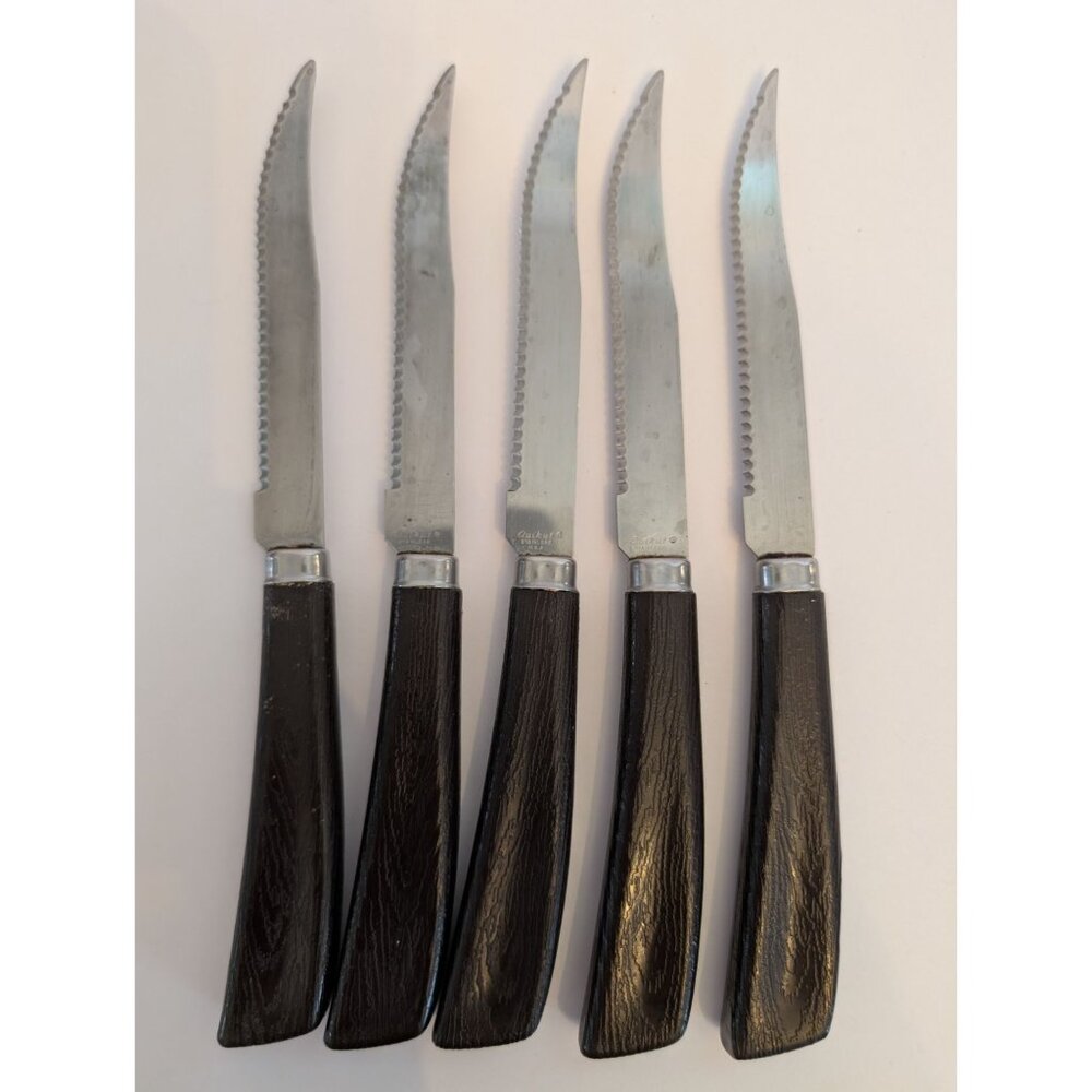 Vintage Set Of 5 Quikcut Serrated Knives Brown Handles & Stainless Steel Blades